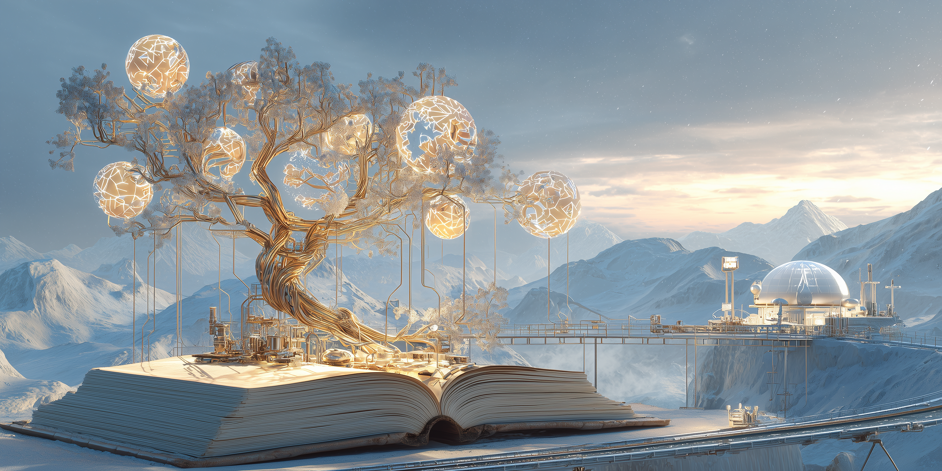 A surreal Swiss landscape where science and innovation bloom together: a luminous tree with circuit-like branches grows from an open book, its roots intertwined with the gears of a watchmaker’s mechanism on its branches, symbols of startups and academia hang like fruit: glowing orbs with AI code, blockchain sigils, satellite constellations in the background, snow-covered Alps dissolve into flowing data streams, and a translucent bridge connects a humble workshop to a futuristic research dome the sky glows in hues of dawn, merging logic and imagination highly detailed, dreamlike, symbolic art, inspired by double exposure photography and modern surrealism.
